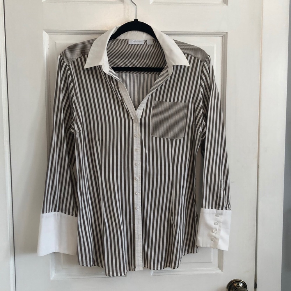 Grey & white striped NY&Co stretch blouse